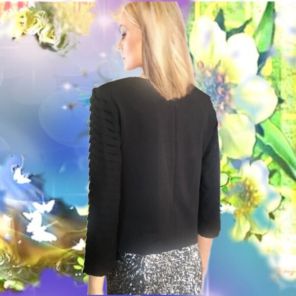 LOVE PARIS PARIS Retro Black Blouse Layered Folded Weave Motif Sleeves Sz S - Picture 7 of 8